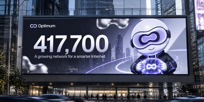 A billboard advertisement displays the 'Optimum' logo with the number '417,700' and the tagline 'A growing network for a smarter Internet,' featuring a purple robot-like mascot.