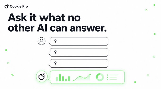 Cookie Pro ad featuring the headline "Ask it what no other AI can answer," depicting three user question bubbles above a green AI response bubble displaying analytics charts and data, illustrating how Cookie AI provides crypto market insights based on its comprehensive data analysis.