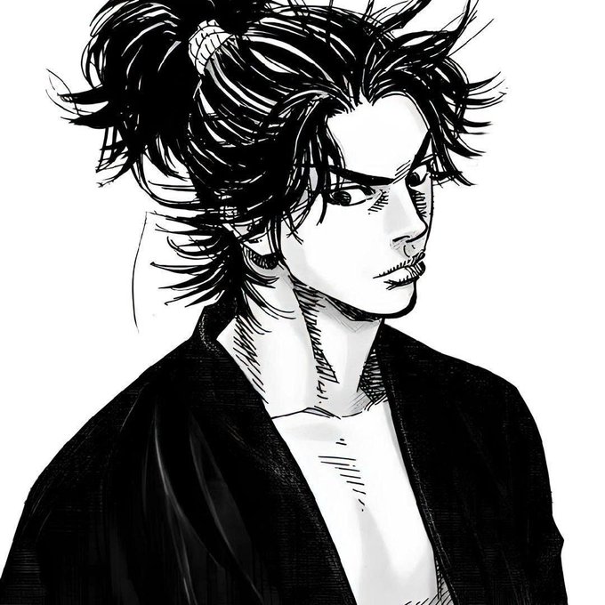A black and white manga-style sketch of a stern character with a messy bun hairstyle, wearing a dark traditional garment.