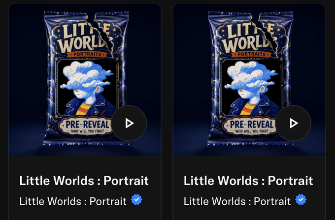 Two identical promotional graphics for a 'LITTLE WORLD PORTRAITS PRE-REVEAL' collection, featuring a stylized portrait of a person with a cloud for a head.