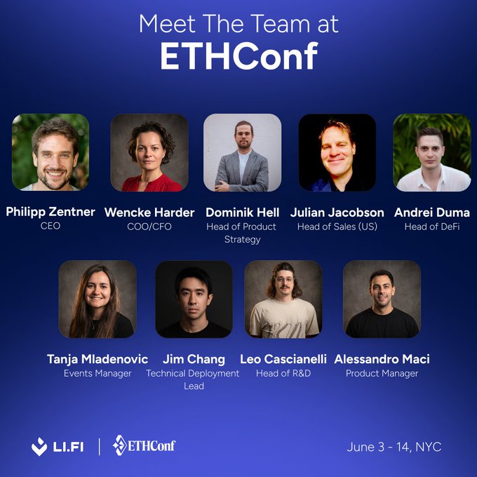 The image features a group of people posing together for a photo, likely as part of an event or gathering related to the EthCon conference. The individuals are arranged in rows, each person standing next to one another. They appear to be dressed professionally, with some wearing ties and others sporting more casual attire. The backdrop is a blue color, which complements the image nicely. The text "meet the team atETHConf" is prominently displayed above the group photo, indicating that this is an event related to the EthCon conference.