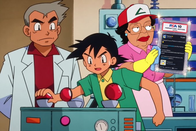 An anime-style Pokémon laboratory scene shows Professor Oak, Ash Ketchum, and Professor Ivy beside a machine, while a woman holds a glowing tablet marked “$PA10” with a “POKÉMON FAN CLUB” label. The post connects the image’s “next Pokémon token” theme to a larger Solana-based Pokémon fan club building a broader community.