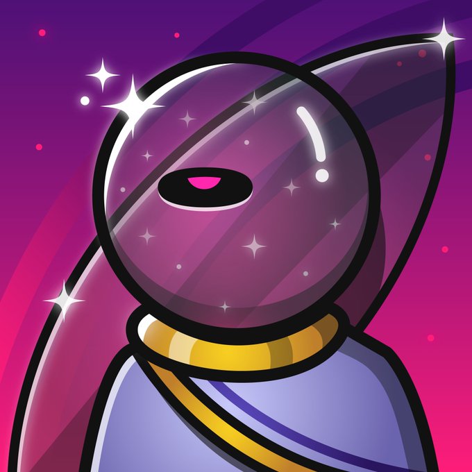 The image features a cartoon character with a purple body and gold accents, wearing a gold necklace and a blue robe. The character has a large head with two eyes and a mouth, giving them a unique appearance. They are standing against a backdrop of stars and planets, creating an otherworldly atmosphere. The caption to the image reads: "This 1/1 Ancient @SpaceRidersXYZ just sold for 1 ETH (#2,069). Space Riders."