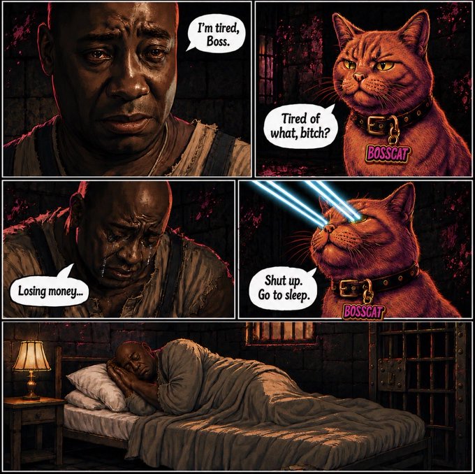 A comic featuring a man named Boss and a cat named "BOSSCAT" titled "BossCat #001 - A Tough Day at the Office" humorously depicts the cat scolding the crying man with laser eyes for losing money before both go to sleep in a prison cell.
