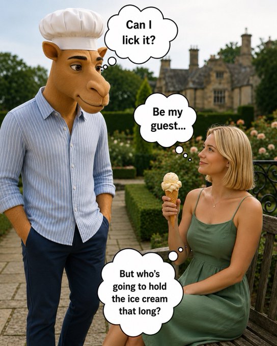 A cartoon camel chef asks 'Can I lick it?' as a woman with ice cream thinks 'Be my guest... But who's going to hold the ice cream that long?'