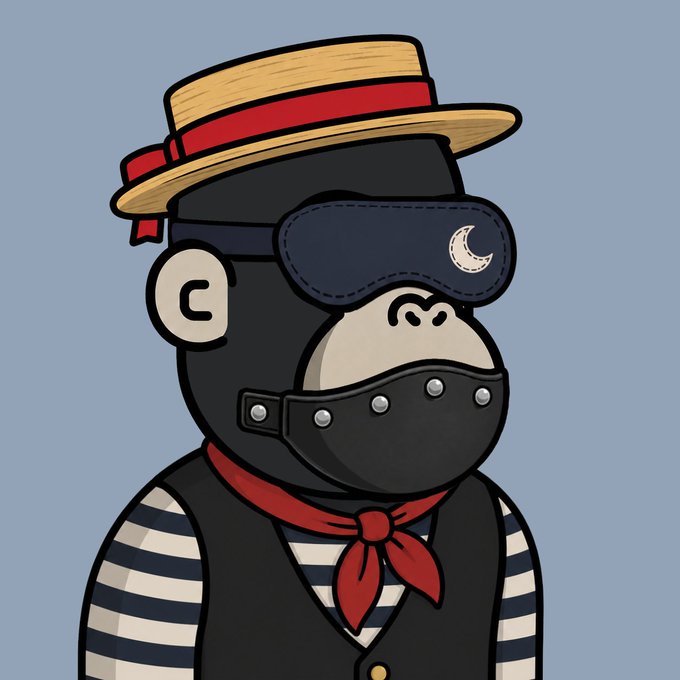 A cartoon monkey wearing a straw boater hat, a navy sleep mask with a crescent moon design, a black muzzle with silver rivets, a red neckerchief, and a black vest over a striped shirt against a light blue background. The image visually represents the "cool little monkey" mentioned in the post, complementing the ApeChain ecosystem branding.