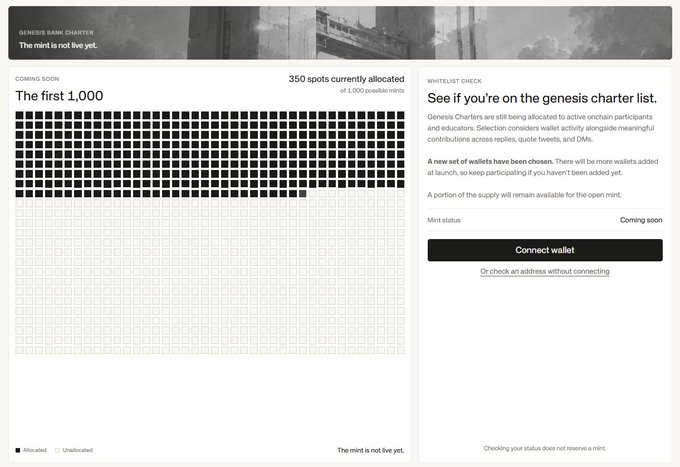 The image displays a "Genesis Bank Charter" allocation page titled "The first 1,000," with 350 spots currently allocated out of 1,000 possible mints, featuring a grid of black (allocated) and gray (unallocated) squares, and a "Whitelist Check" section prompting users to connect their wallet to see if they're on the genesis charter list.

The accompanying post's suggestion of copying appears to relate to the visual format—a grid-based allocation tracker showing filled and unfilled spots—which is a common design pattern for mint dashboards, though the specific implementation and branding here (Genesis Bank Charter) is its own concept.