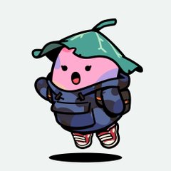 A cartoon illustration of a cute, round pink character wearing a teal hood, dark jacket, and red sneakers, appearing to run or jump.