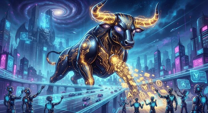 A digital artwork depicts a massive, glowing mechanical bull standing in a futuristic neon city, while humanoid figures below hold up glowing icons containing letters like 'A' and 'S'.
