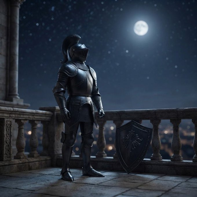 A knight in full armor stands on a stone balcony at night beside a shield, illuminated by moonlight against a starry sky.