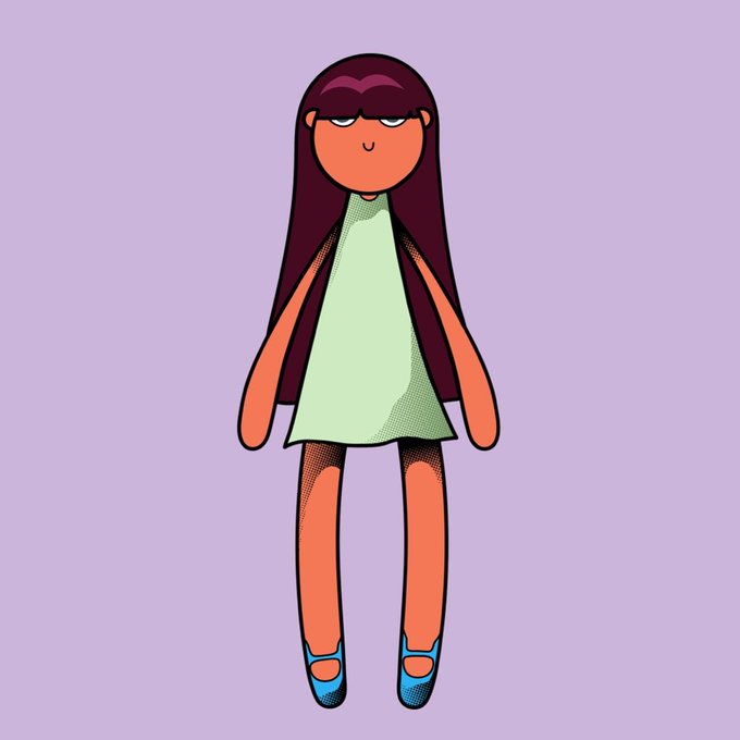 A cartoon-style illustration of a girl with long dark hair wearing a green dress and blue shoes, standing against a light purple background.