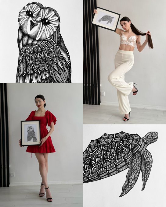 A four-panel collage showing a woman posing with framed animal artwork alongside detailed black and white mandala-style illustrations of an owl and a sea turtle.
