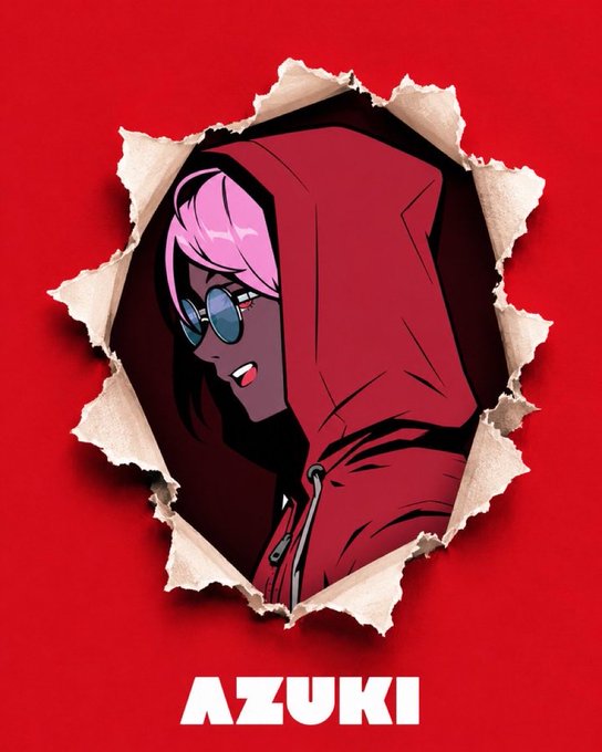 A stylized illustration of the Azuki NFT character with pink hair and sunglasses wearing a red hoodie, appearing to tear through a red paper background, with the name 'AZUKI' at the bottom.