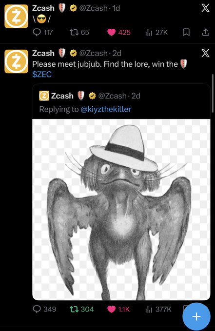Screenshot of Zcash (@Zcash) Twitter/X posts introducing 'jubjub', with one tweet saying 'Please meet jubjub. Find the lore, win the $ZEC' alongside a creepy drawing of a winged creature wearing a fedora.