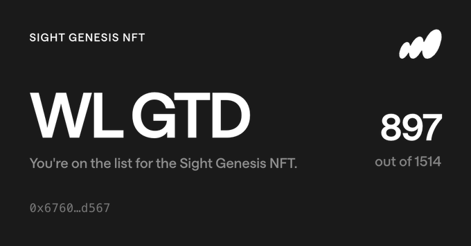 A black promotional graphic for 'SIGHT GENESIS NFT' displays 'WL GTD' in large text, indicating whitelist guaranteed status, with the number '897 out of 1514' shown on the right.