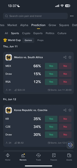 The image shows a smartphone screen displaying a Binance app that provides information about sports predictions, specifically soccer games between Korea Republic and Czech Republic teams. The app also offers live scores and market data for these games. The text on the screen indicates that the app is integrated with Binance @Binance Wallet, allowing users to follow real-time updates and news related to sports markets without leaving the app.
