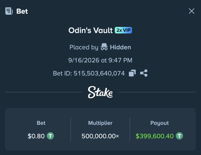 A Stake betting screenshot showing an 'Odin's Vault' bet where $0.80 won a payout of $399,600.40 with a 500,000x multiplier.