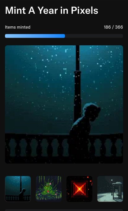 A digital interface titled 'Mint A Year in Pixels' shows 186 out of 366 items minted, featuring a pixel art image of a silhouetted figure by a window in the rain.