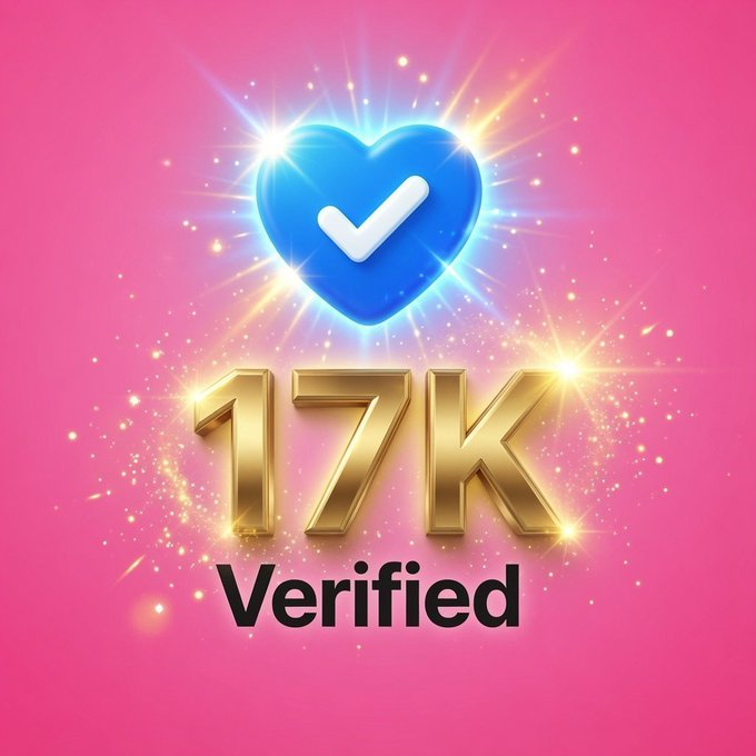 A pink graphic featuring a blue heart icon with a white checkmark above large golden 3D text reading '17K' with 'Verified' written below in black.