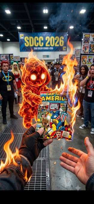 A fiery figure resembling a burning hobbit-like creature holds out a vintage 'CAPTAIN AMERICA' comic book at San Diego Comic-Con (SDCC 2026 banner visible), while another hand reaches toward it amid surprised onlookers.