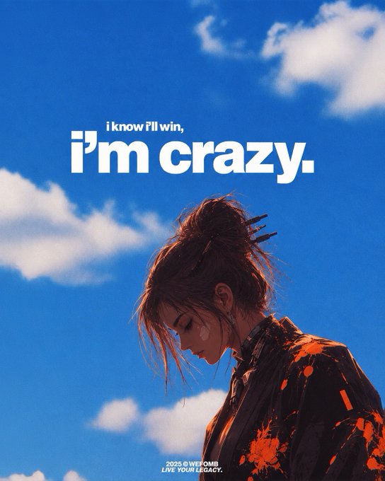 A motivational poster featuring a woman with red-stained clothing against a blue sky, with text reading 'i know i'll win, i'm crazy.' and '2025 © WEFOMB LIVE YOUR LEGACY.'