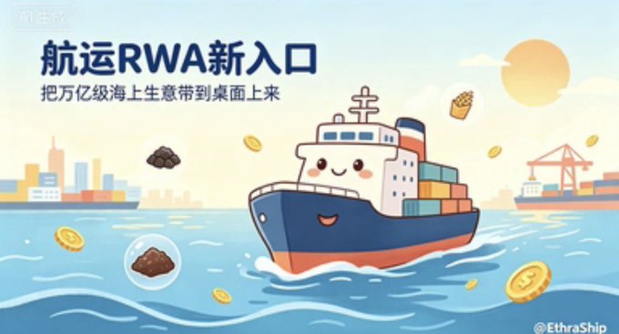 A cartoon-style promotional graphic with Chinese text reading '航运RWA新入口 把万亿级海上生意带到桌面上来', featuring a smiling cargo ship, gold coins, and the handle '@EthraShip' in the corner.