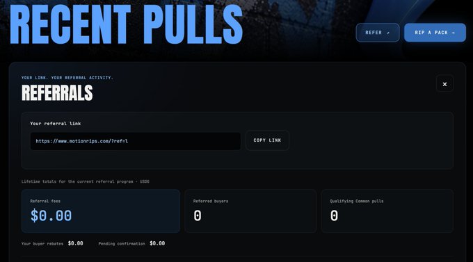 A dark-themed dashboard titled "RECENT PULLS" shows a "REFERRALS" section with a referral link to "https://www.motiontps.com/?ref=1", displaying $0.00 in referral fees, 0 referred buyers, and 0 qualifying common pulls.