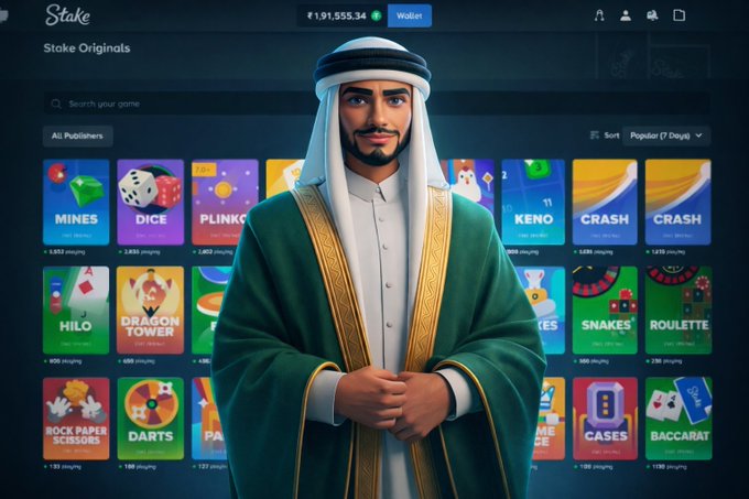 A cartoon-style illustration of a man in traditional Arab attire (white thobe and keffiyeh with a green bisht) stands in front of the Stake.com casino website, which displays "Stake Originals" featuring games like Mines, Dice, Plinko, Keno, Crash, Hilo, Dragon Tower, Snakes, Roulette, Rock Paper Scissors, Darts, Cases, and Baccarat, with a wallet balance of ₹1,91,555.34. The image ties into the "GM @Stake 💚" greeting by showcasing the platform's gaming lobby with a welcoming Middle Eastern aesthetic.