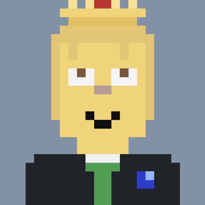 Pixel art portrait of a yellow cat character wearing a small crown, a black suit with a green tie, and what appears to be a name badge, set against a gray background.