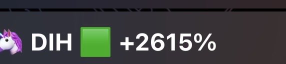 A cryptocurrency price chart showing the ticker DIH with a +2615% gain next to a unicorn icon.