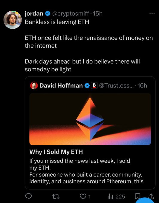 The image features a Twitter post with two tweets, one of which is about selling Etherium. The text on the posts includes information about the cryptocurrency market and its value, as well as an explanation of why someone might want to sell theirETH.