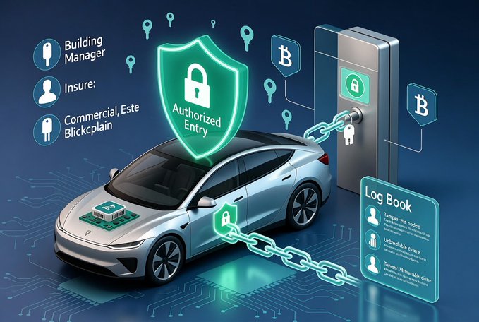 The image features a silver car with a green shield that says "Authorized Entry" over its head. The car has a chain attached to it, which is connected to a door labeled "Log Book". There are also several other objects in the scene, including icons for people and logos related to Bitcoin. The post about Maxima by @Minima_Global discusses the concept of decentralized tech, specifically focusing on a P2P messenger app called Maxima that works without servers or intermediaries, providing a super-light, censorship-protected resource.