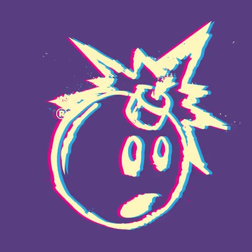 A stylized neon illustration of a round bomb character with spiky yellow hair and a worried expression against a purple background.