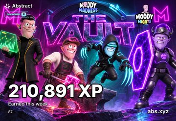 A colorful promotional graphic for "MOODY MAULERS THE VAULT" showing four cartoon characters and displaying "210,891 XP Earned this week" along with "abs.xyz" in the corner.