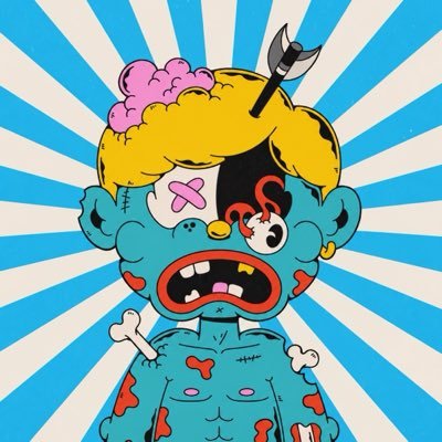 A colorful pop-art style illustration of a blue zombie-like creature with exposed pink brain, X-shaped eyes, and wounds against a blue and white sunburst background.