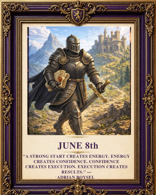The image features a poster with a medieval knight holding a sword and shield, standing against a castle backdrop. The poster also includes a calendar for June 8th, which reads "A strong start creates energy, energy creates confidence, confidence creates execution, execution creates success." Below this quote is an illustration of the knight in his armor.