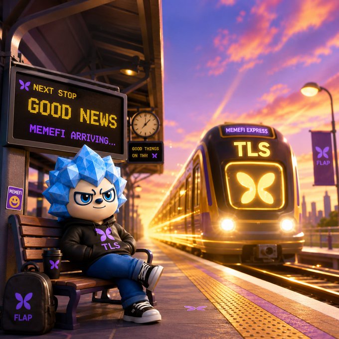 A 3D digital artwork showing a spiky blue-haired cartoon mascot wearing a TLS hoodie sitting on a train station bench, with a 'MEMEFI EXPRESS' train arriving under a 'GOOD NEWS' display, branded with FLAP and MEMEFI logos.