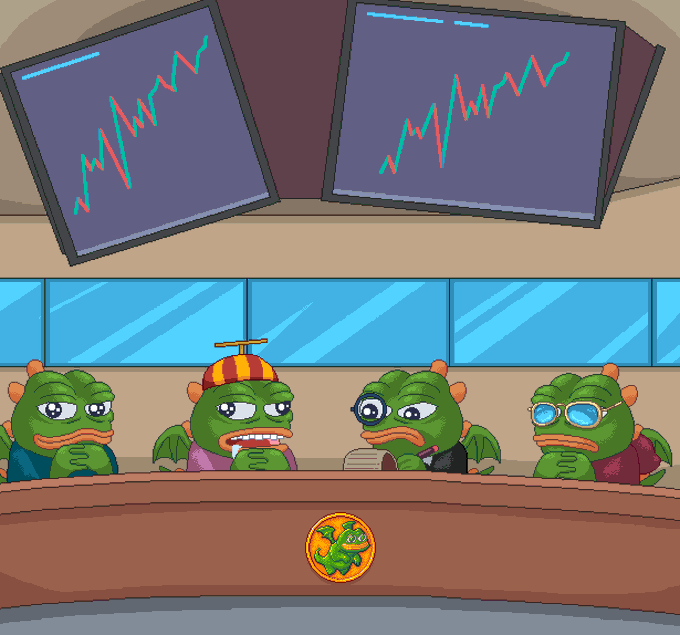 Four cartoon frogs sit at a desk with a bull emblem, appearing as a panel reviewing financial charts on two monitors above them.

The image relates to the post by depicting the "Fabled Chronicles" NFT project's team as a boardroom of frogs watching the live mint performance, symbolizing the project's bullish market entry and high-level IP partnerships like Memeland.