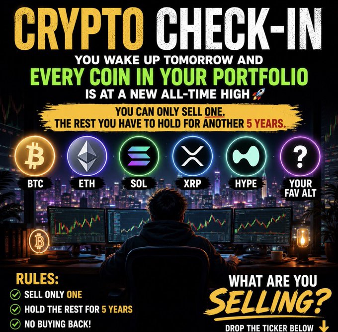 The image is a "Crypto Check-In" graphic featuring a silhouetted trader at a multi-monitor setup, with neon-illuminated coin logos for BTC, ETH, SOL, XRP, HYPE, and a "Your Fav Alt" mystery option. The bold text challenges viewers: *"You wake up tomorrow and EVERY coin in your portfolio is at a new all-time high — you can only sell ONE, hold the rest for 5 YEARS — what are you selling?"* with rules listed as "Sell only one, hold the rest 5 years, no buying back." It directly visualizes the post's hypothetical portfolio dilemma, prompting the audience to reply with their chosen ticker.