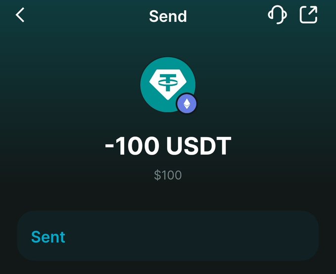 This is a screenshot showing a transaction of "-100 USDT", valued at $100, being sent. This image relates to the post by presenting a completed transaction of $100, prompting the user to choose between SOL or LTC for their hypothetical purchase.