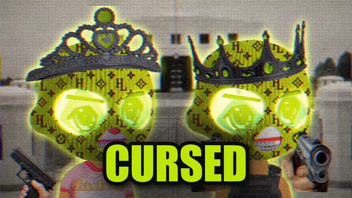 A pixelated, glitch-effect image showing two characters wearing crowns and sunglasses with a Louis Vuitton-style pattern, with the word 'CURSED' displayed in large yellow letters at the bottom.
