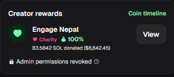 A mobile app interface showing Creator rewards for 'Engage Nepal' with 100% Charity, displaying 83.5842 SOL donated ($8,642.45) and noting admin permissions revoked.