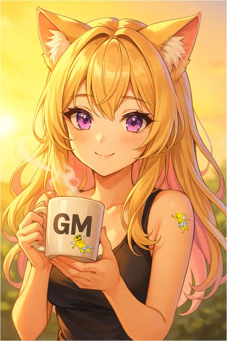 An anime-style catgirl with golden blonde hair and fox ears smiles while holding a steaming white mug labeled "GM" (good morning) with a small cartoon character on it, set against a warm golden sunset backdrop. The "GM" mug and cheerful "Happy Friday" greeting visually reinforce the post's optimistic, community-driven Web3 spirit celebrating another week of building at SPACEID.
