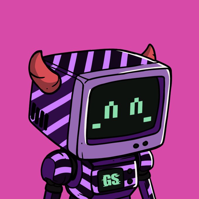 The image shows a cartoon-style illustration of a small purple-striped robot character with red devil horns and a digital face, set against a pink background, with "GS" displayed on its chest plate.