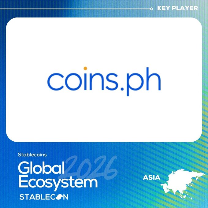 The image showcases Coins.ph as a "Key Player" on Stablecon's 2026 Stablecoin Global Ecosystem Map, highlighting its position within the Asia region. The graphic features the Coins.ph logo centered on a blue gradient background with "Stablecoins Global Ecosystem 2026" branding at the bottom, aligning with the post's celebration of being featured as a leading innovator in the global stablecoin ecosystem.