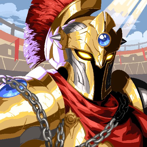 A pixel art illustration depicts a Roman gladiator wearing a golden helmet with a red plume, glowing yellow eyes, and a red cape with chains across golden armor.