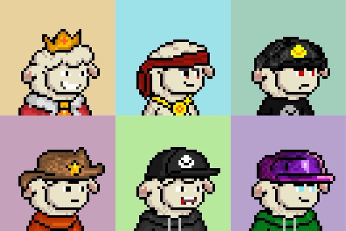 A grid of six pixel-art sheep characters, each wearing a different headpiece or outfit including a crown, red headset, police hat, cowboy hat, and purple cap.