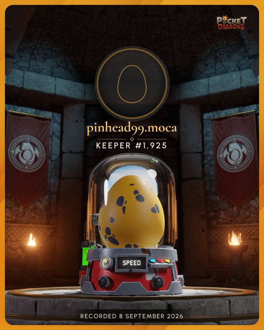 A 'Pocket Dragons' app screenshot displaying a yellow spotted dragon egg labeled 'pinhead99.moca', 'KEEPER #1,925' with 'SPEED' as its trait, recorded '8 September 2026'.