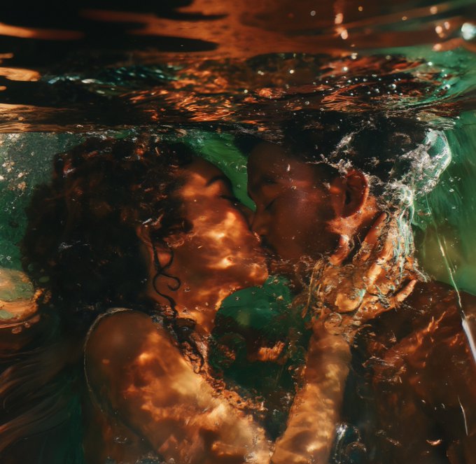 An underwater photograph capturing two people sharing an intimate moment, with light reflecting off the water's surface creating an orange glow around them.