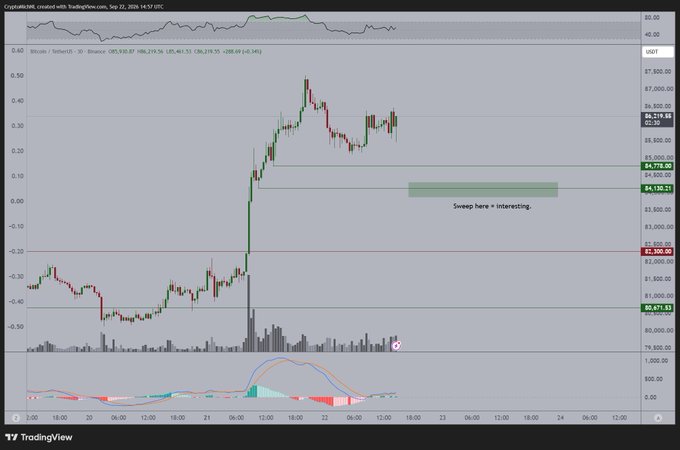 A Bitcoin/USDT perpetual futures chart on TradingView displays a candlestick view with several key price levels marked, including a highlighted green zone at approximately $4,778 and $4,130.51 where the annotation "Sweep here = interesting" appears, corresponding to the trader's commentary about anticipating a sweep of the $84,000 level for potential long entries.